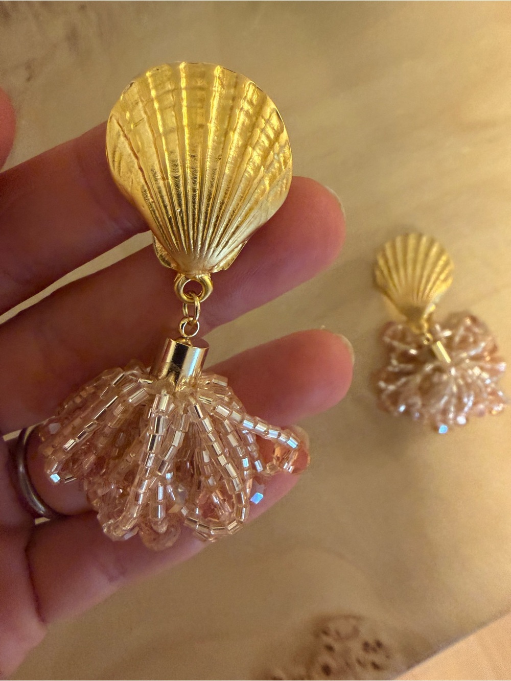 Gold Shell Drop Earrings with Blush Bead Tassel - Picture 3 of 4